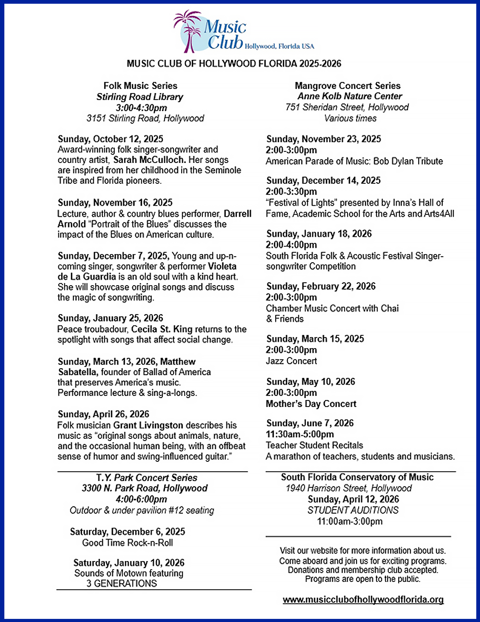 2025-2026 Music Club of Hollywood Schedule